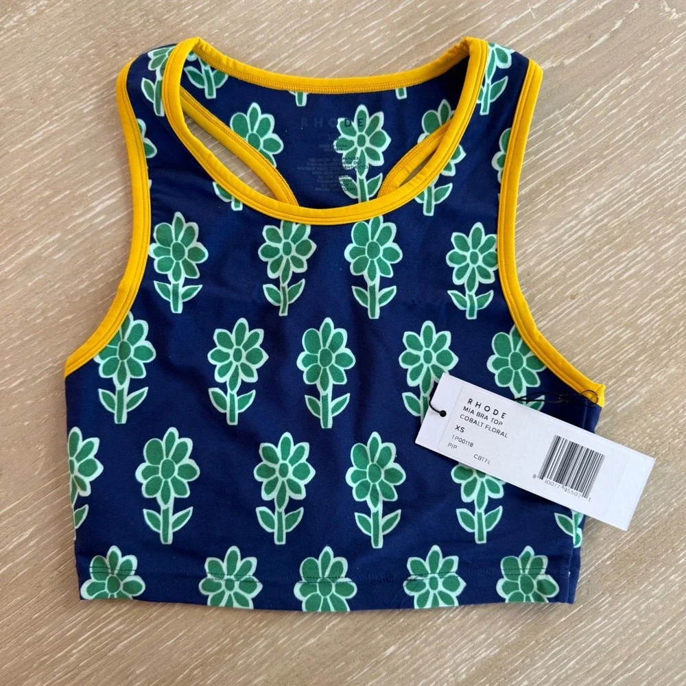 Rhode Mia Swim Bra Top Cobalt Floral Navy Green Yellow Daisy‎ Racerback XS
